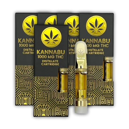 Five boxes of Kannabu single cartridge cannabis vapes along with the cartridge it self.