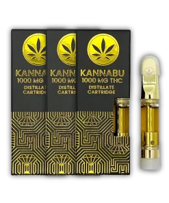 Three boxes of Kannabu single cartridge cannabis vapes along with the cartridge it self.