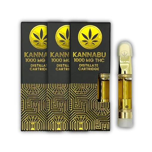 Three boxes of Kannabu single cartridge cannabis vapes along with the cartridge it self.