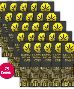 Twenty five boxes of Kannabu single cartridge cannabis vapes with a red sales circle saying "25 count!"