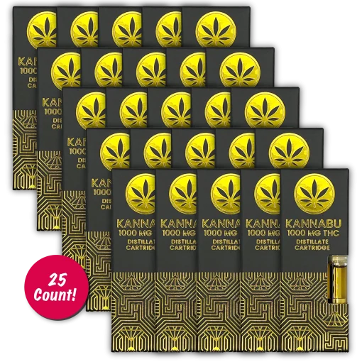 Twenty five boxes of Kannabu single cartridge cannabis vapes with a red sales circle saying "25 count!"
